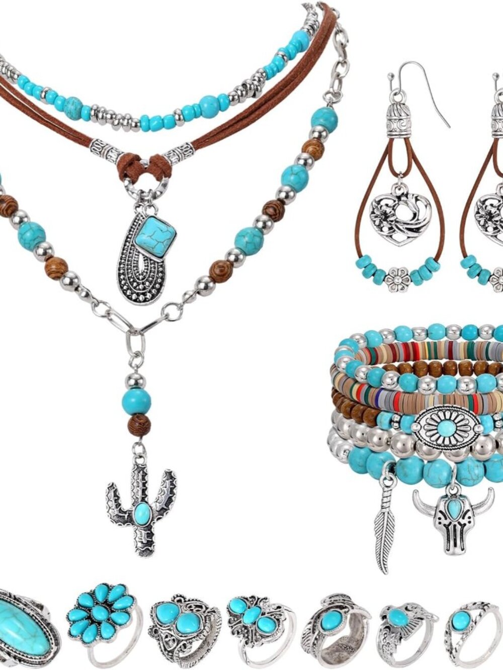 Bohemian Western Jewelry Set Turquoise Necklace Earrings Bracelets Rings Western
